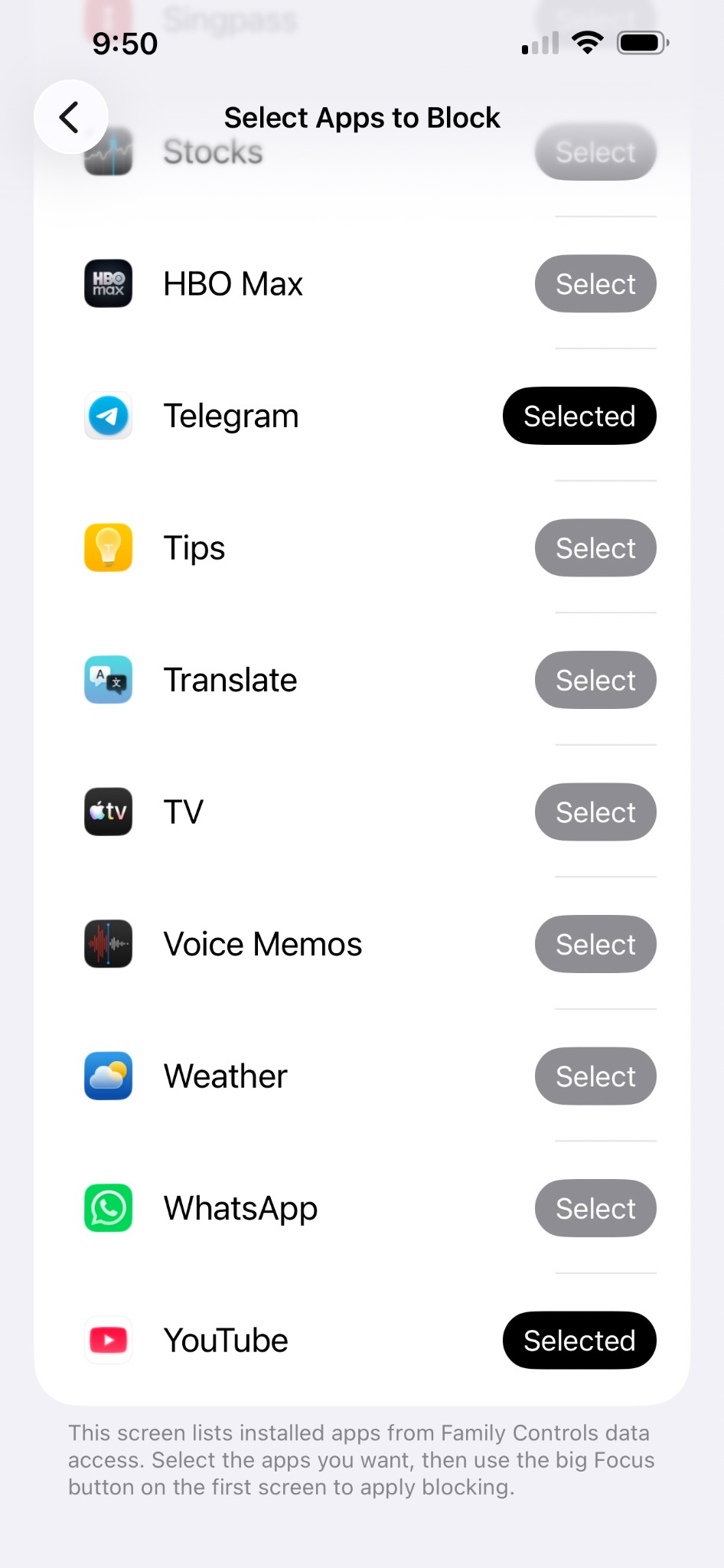 Select apps to block
